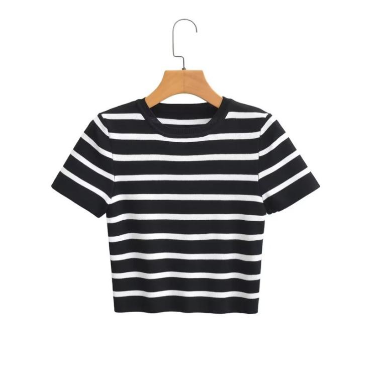 Basics |  Womens Black Cotton Stripe Print T-Shirt Basics Basics