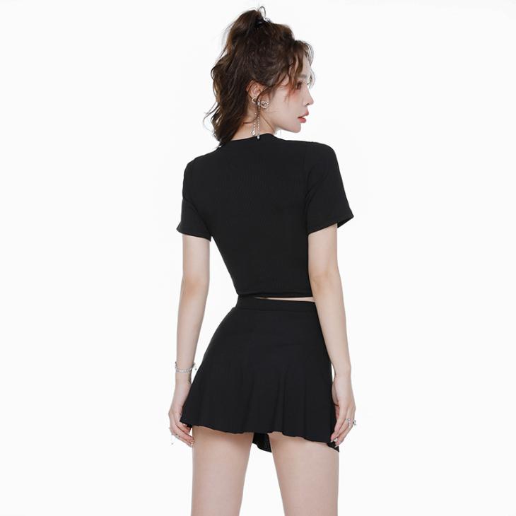 Basics |  Womens Black Textured Short T-Shirt Basics Basics