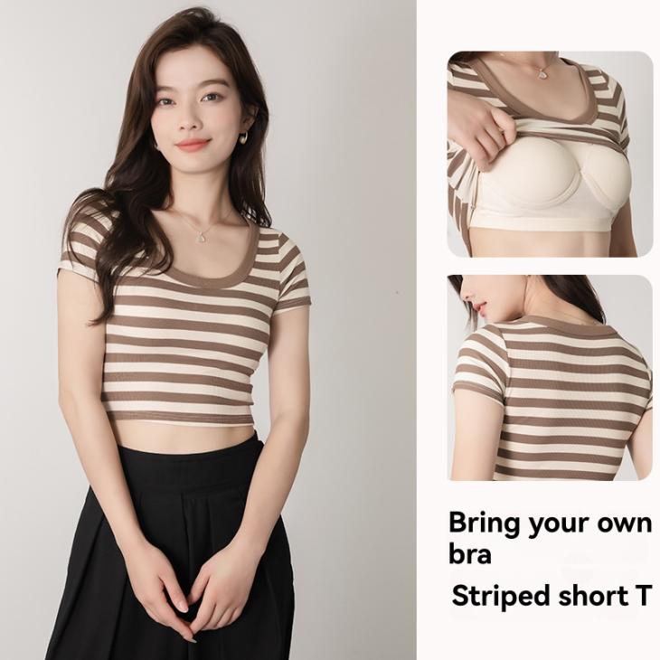 Basics |  Womens Light Brown Stripe Ribbed Scoop Neck T-Shirt Basics Basics