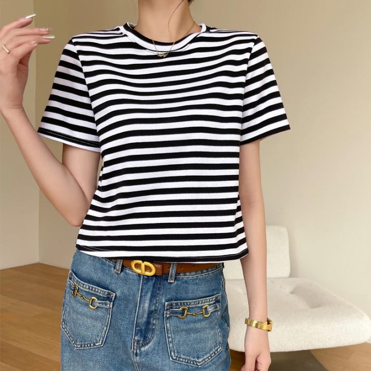 Basics |  Womens Navy Stripe Crew Neck Cotton T-Shirt Basics Basics