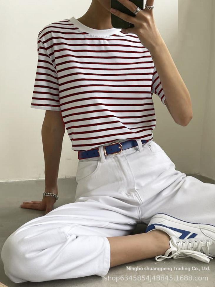 Basics |  Womens Red Stripe Boxy Cotton T-Shirt Basics Basics