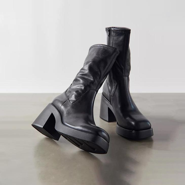 Boots |  Womens Black Chunky Heel Leather-Look Knee High Boots Boots Boots