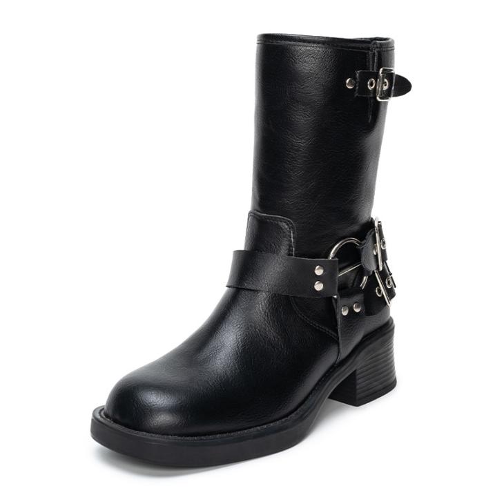 Boots |  Womens Black Leather-Look Biker Ankle Boots Boots Boots