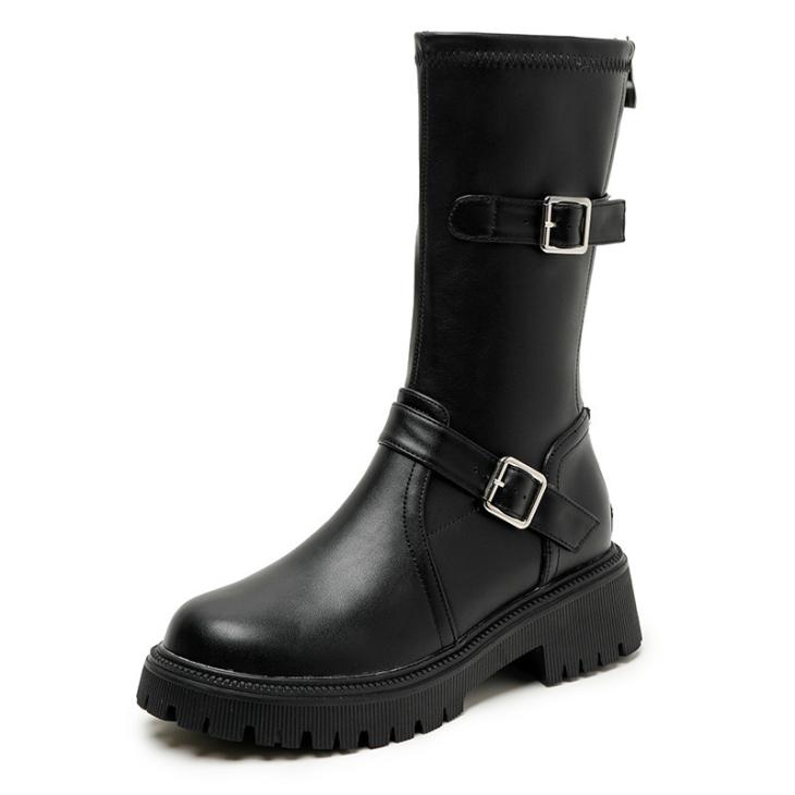 Boots |  Womens Black Leather-Look Chunky Biker Boots Boots Boots