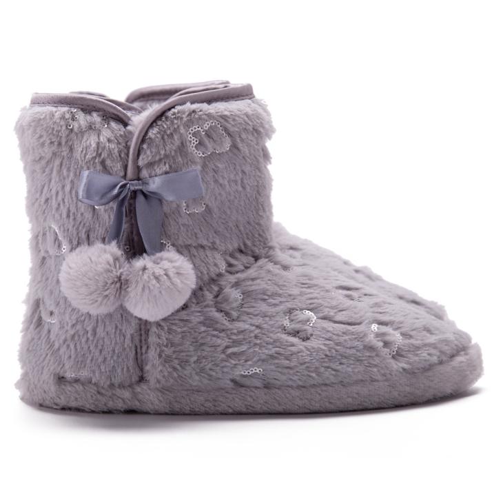 Boots |  Womens Grey Pom Pom Faux Fur Ankle Boot Slippers Boots Boots