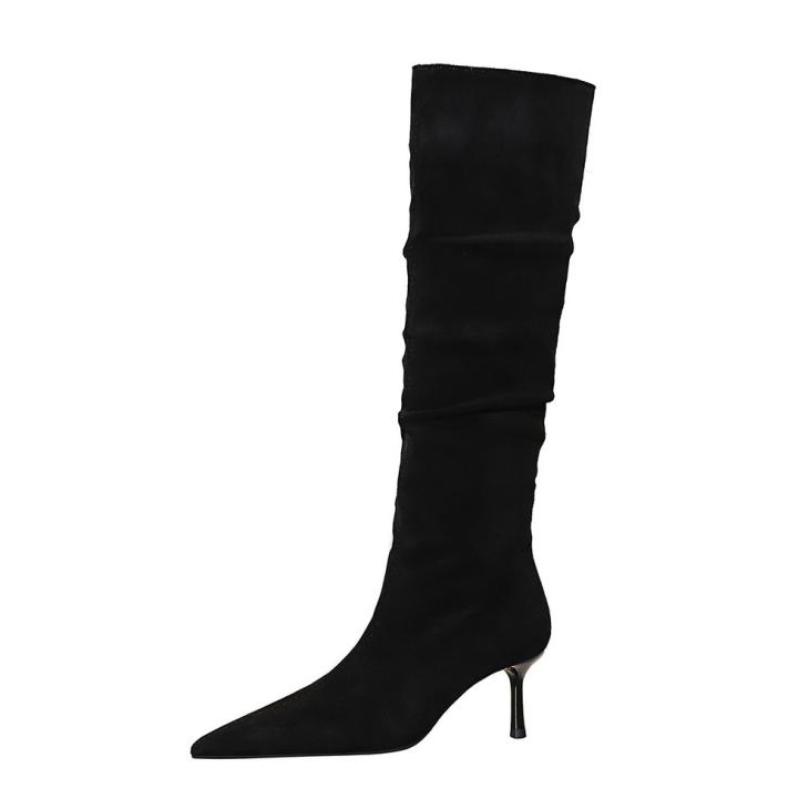 Boots |  Womens Wide Fit Black Ruched Suedette Knee High Boots Boots Boots