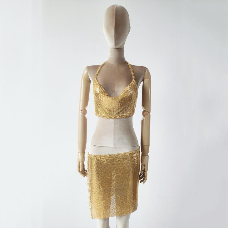 Co-Ords |  Womens Gold Metallic Mesh Strappy Crop Top Clothing Co-Ords