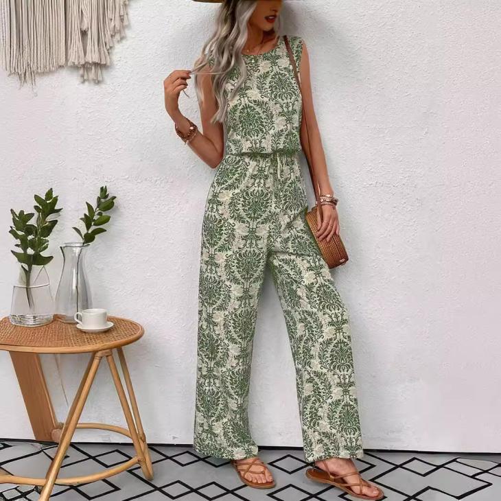 Co-Ords |  Womens Green Floral Print Wide Leg Trousers Clothing Co-Ords