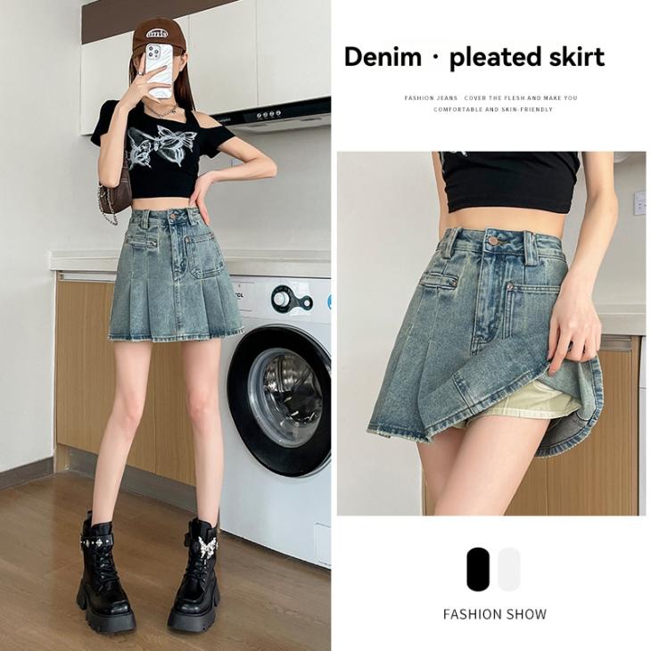 Denim |  Womens Blue Pleated Denim Mini Skirt Clothing Denim