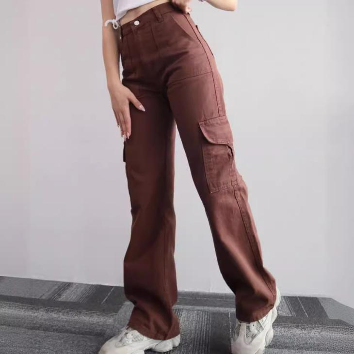 Denim |  Womens Brown Denim Straight Leg Cargo Trousers Clothing Denim