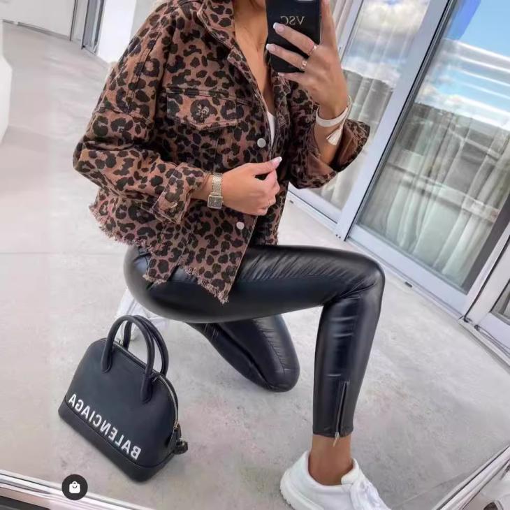 Denim |  Womens Brown Leopard Print Crop Denim Jacket Clothing Denim