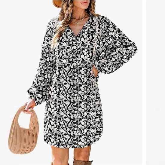 Dresses |  Womens Black Floral V-Neck Long Sleeve Mini Dress Clothing Dresses