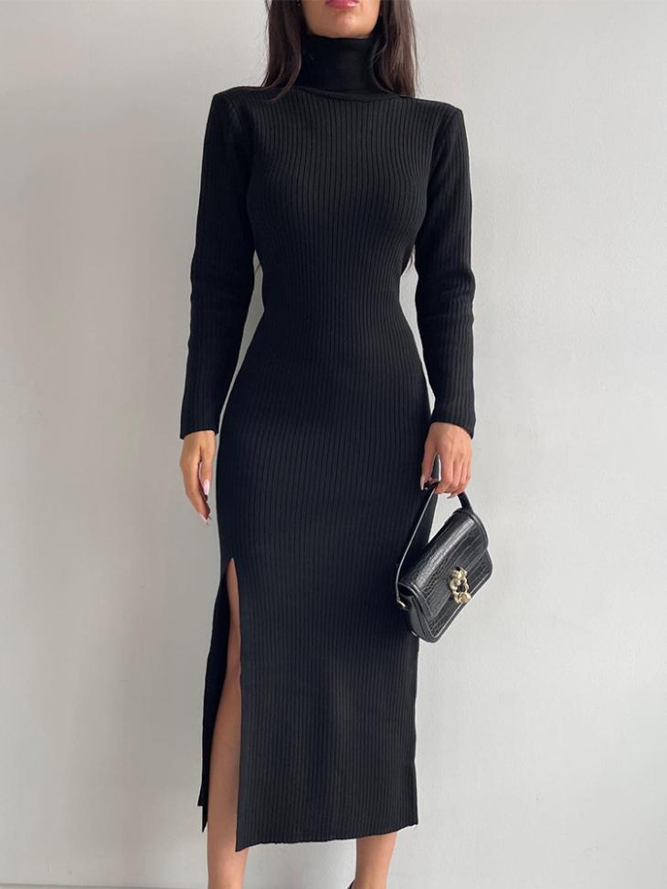 Dresses |  Womens Black Rib Knit High Neck Midi Dress Clothing Dresses