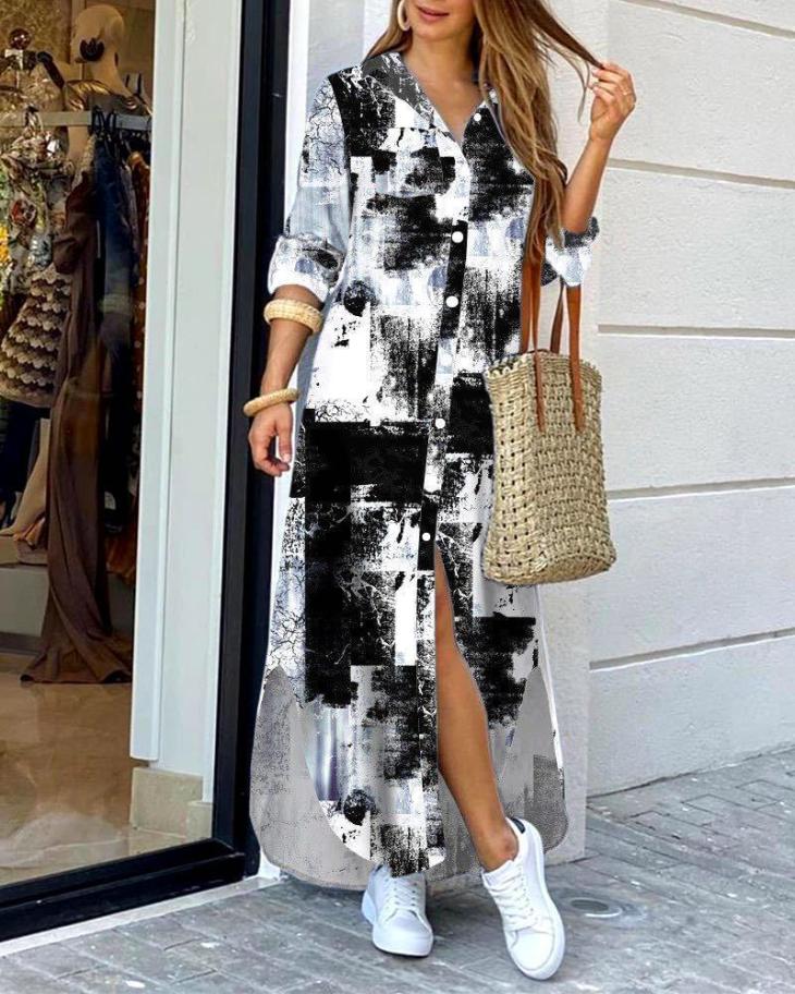 Dresses |  Womens Black Woven Abstract Print Midi Shirt Dress Clothing Dresses