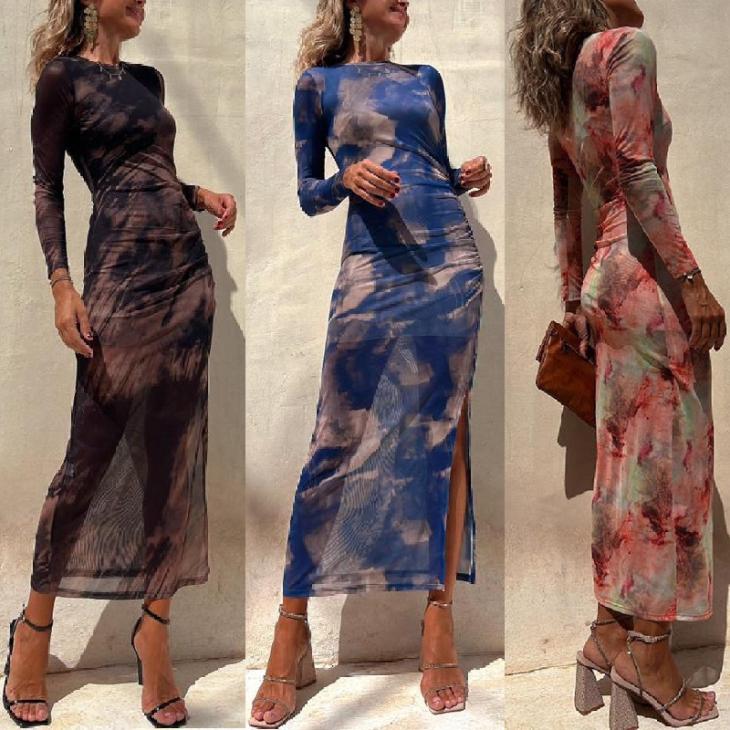 Dresses |  Womens Blue Mesh Print Long Sleeve Midi Dress Clothing Dresses