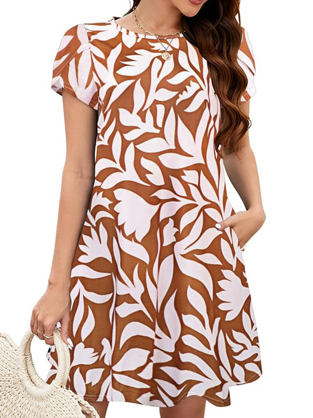 Dresses |  Womens Brown Floral Print Short Sleeved Midi Dress Clothing Dresses