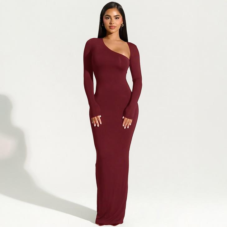 Dresses |  Womens Burgundy Asymmetric Neck Bodycon Long Sleeve Dress Clothing Dresses