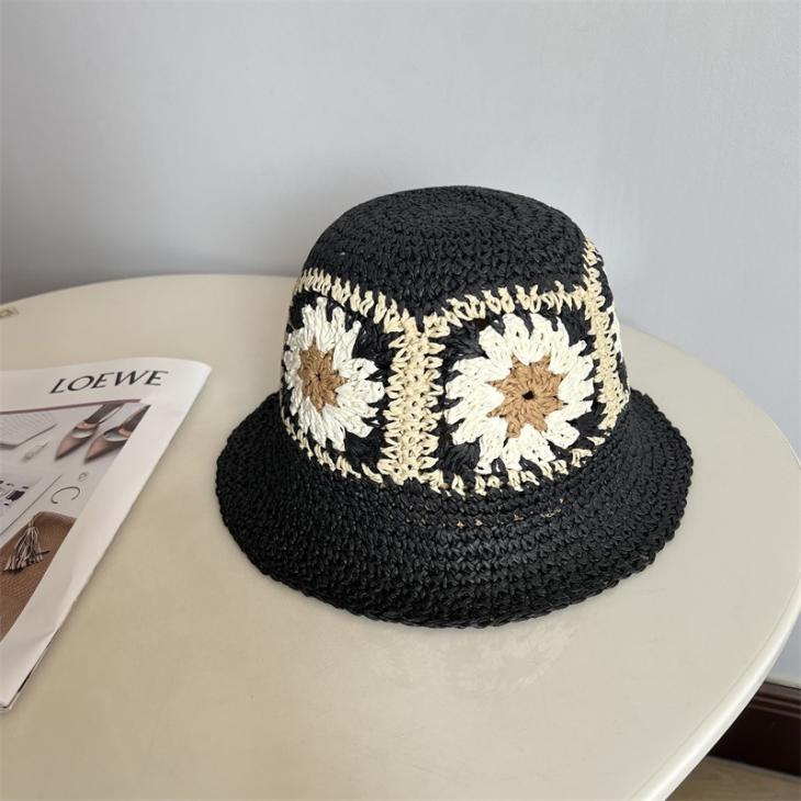 Hats |  Womens Black Flower Straw Effect Packable Bucket Hat Accessories Hats