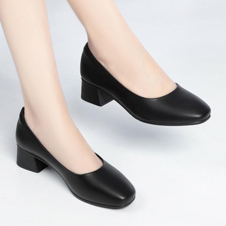 Heels |  Womens Black Leather-Look Block Heel Court Shoes Heels Heels