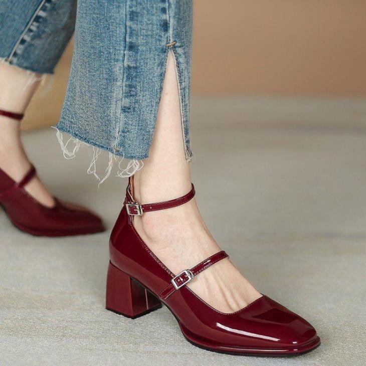 Heels |  Womens Burgundy Leather-Look Block Heel Mary Jane Shoes Heels Heels