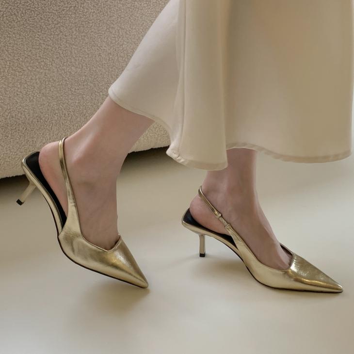 Heels |  Womens Gold Leather-Look Slingback Stiletto Heel Court Shoes Heels Heels