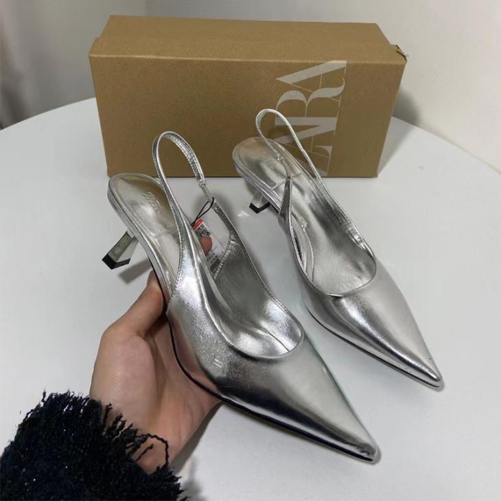 Heels |  Womens Silver Slingback Kitten Heel Court Shoes Heels Heels