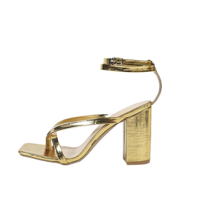 Heels |  Womens Wide Fit Gold Faux Croc Multi Strap Block Heel Sandals Heels Heels