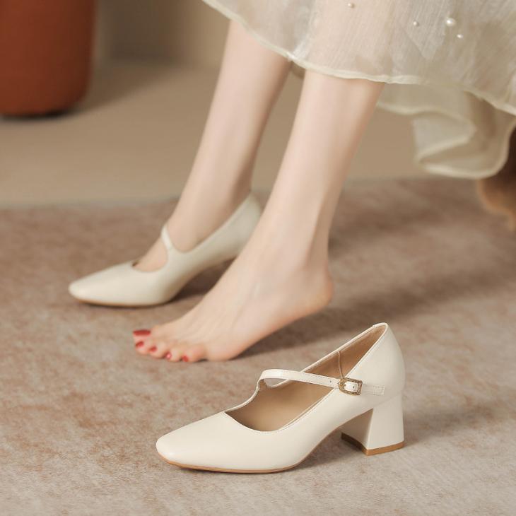 Heels |  Womens Wide Fit Off White Leather-Look Mary Jane Shoes Heels Heels