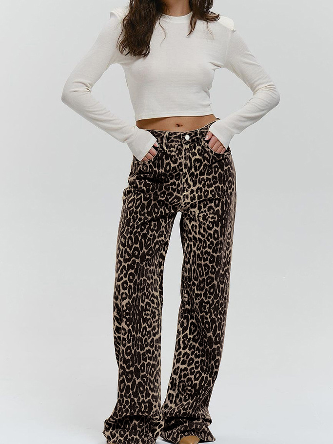 Jeans |  Womens Brown Leopard Print Wide Leg Jeans Clothing Denim