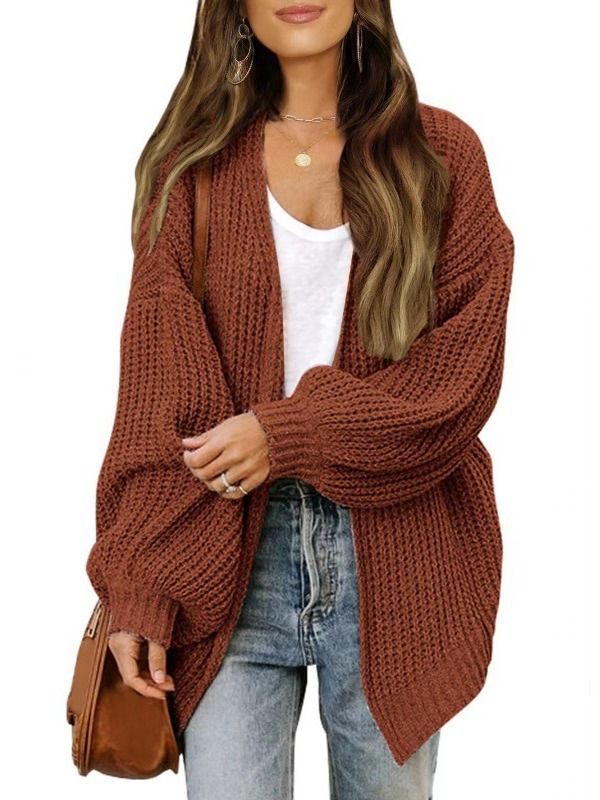 Jumpers & Cardigans |  Womens Burgundy Balloon Sleeve Chunky Knit Cardigan Clothing Jumpers & Cardigans