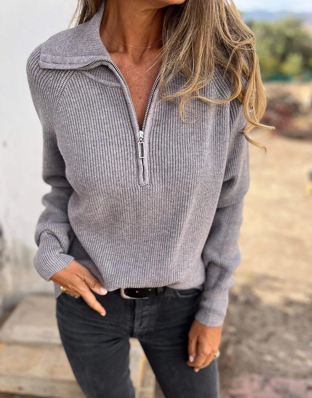 Jumpers & Cardigans |  Womens Grey Ribbed Half Zip Knit Jumper Clothing Jumpers & Cardigans