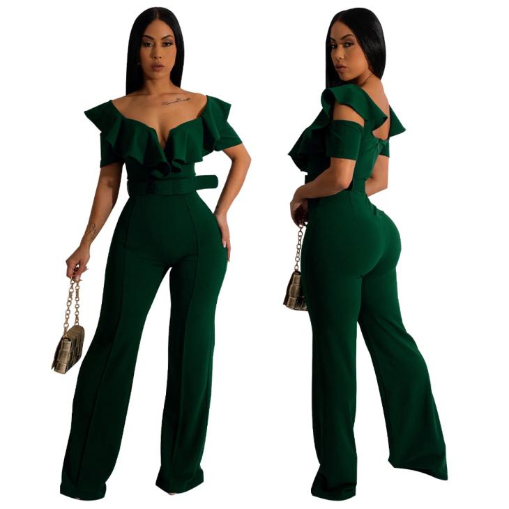 Jumpsuits & Playsuits |  Womens Mela Green Frill Sleeveless Belted Jumpsuit Clothing Jumpsuits & Playsuits