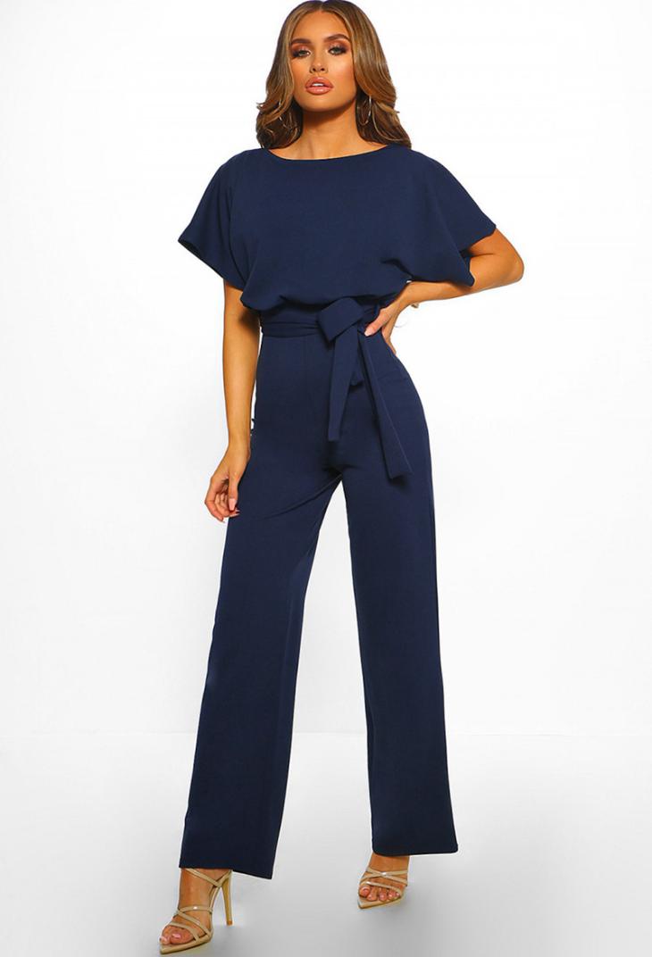 Jumpsuits & Playsuits |  Womens Mela Navy Frill Belted Jumpsuit Clothing Jumpsuits & Playsuits