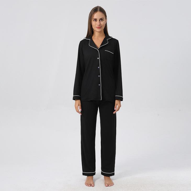 Nightwear |  Womens Black Jersey Shirt Trouser Pyjama Set Clothing Nightwear