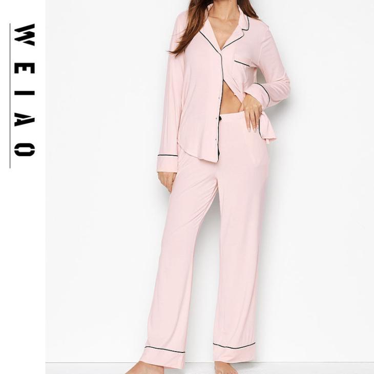 Nightwear |  Womens Pink Jersey Shirt Trouser Pyjama Set Clothing Nightwear