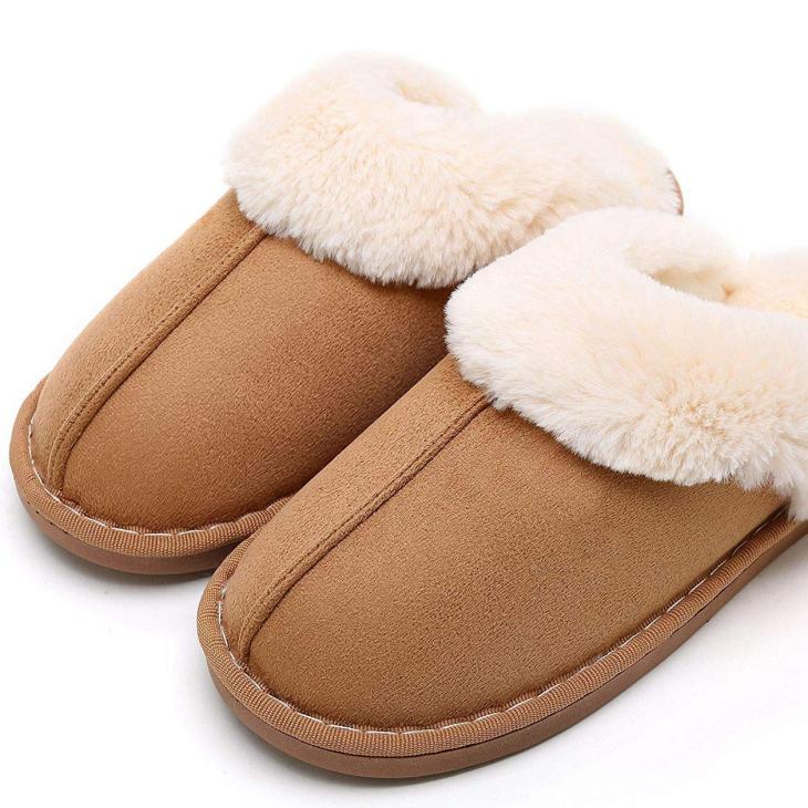 Nightwear |  Womens Tan Suedette Faux Fur Trim Slippers Clothing Nightwear