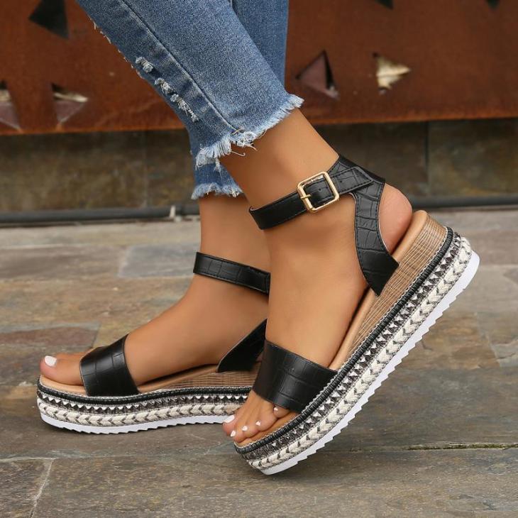 Sandals |  Womens Black Leather-Look Embellished Flatform Sandals Flats Flats