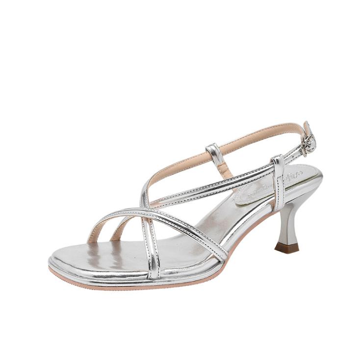 Sandals |  Womens Silver Leather-Look Embellished Heel Square Toe Sandals Sandals Sandals