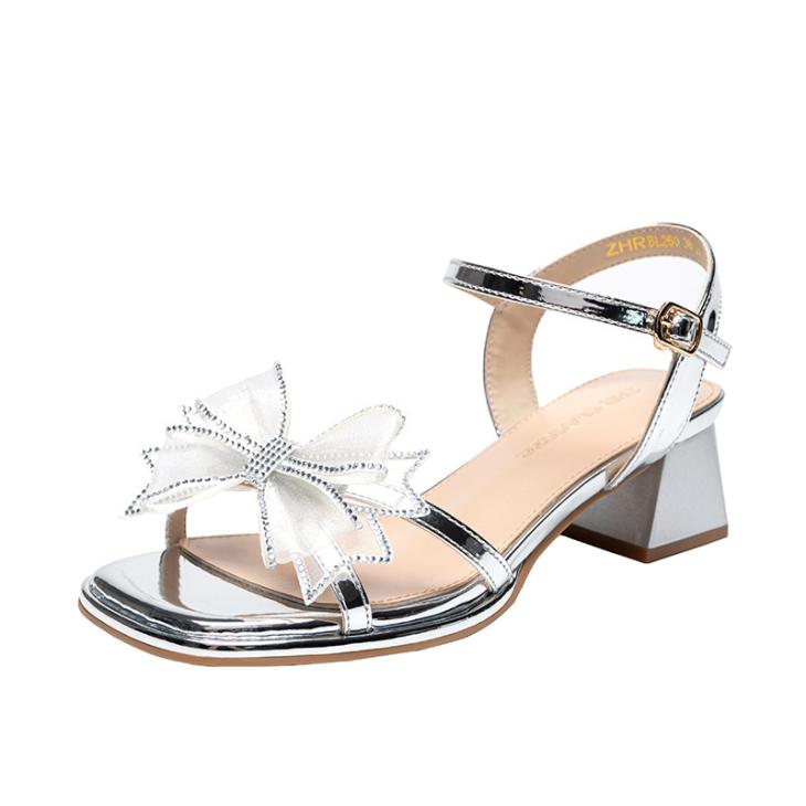 Sandals |  Womens Silver Mesh Bow Block Heel Sandals Heels Heels