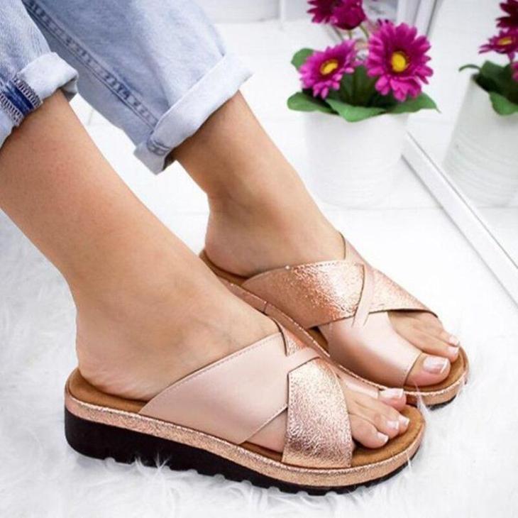 Sandals |  Womens Wide Fit Gold Leather-Look Twist Sliders Sandals Sandals