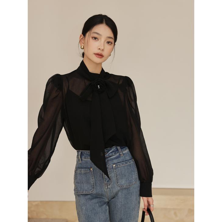 Shirts & Blouses |  Womens Black Chiffon Bow Collar Blouse Clothing Shirts & Blouses