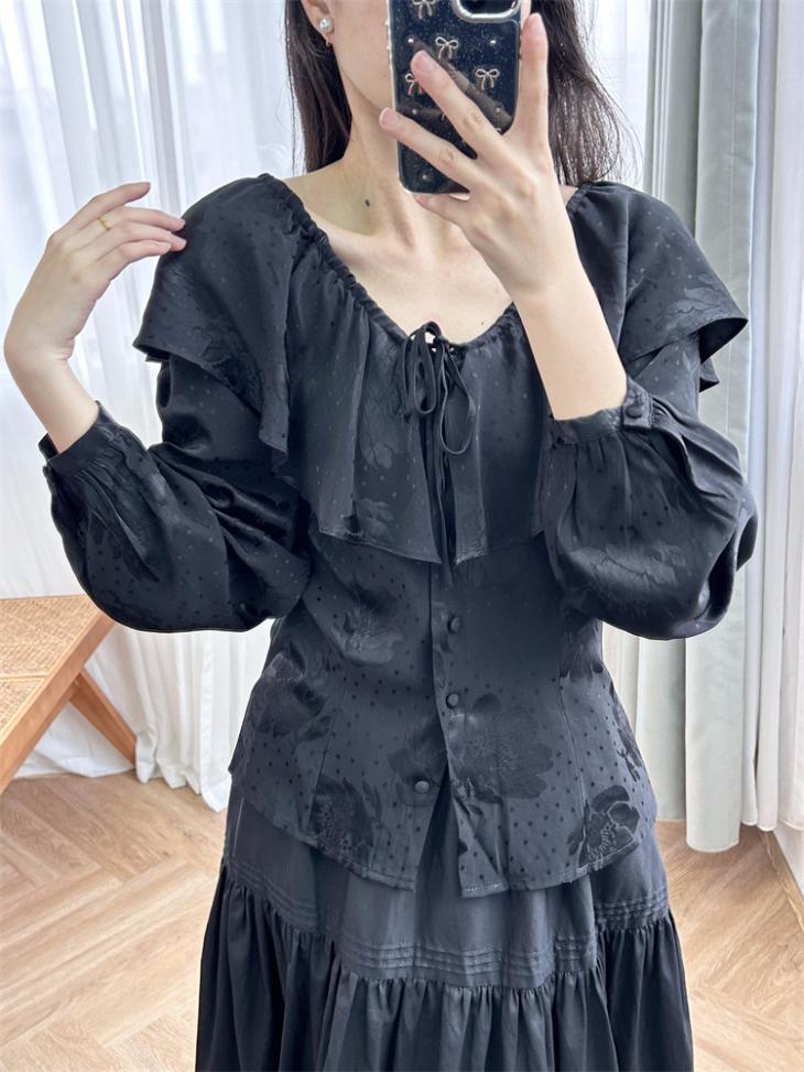 Shirts & Blouses |  Womens Black Chiffon Ruffle Trim Tie Front Blouse Clothing Shirts & Blouses