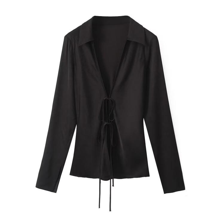 Shirts & Blouses |  Womens Black Tie Front Satin Blouse Clothing Shirts & Blouses