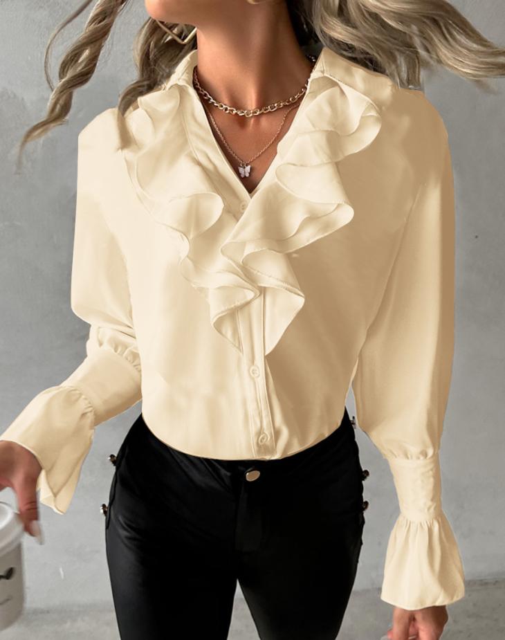 Shirts & Blouses |  Womens Off White Ruffle Trim Crepe Blouse Clothing Shirts & Blouses