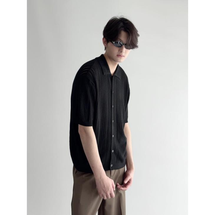 Shirts |  Mens Black Ribbed Knit Button Front Relaxed Fit Shirt Clothing Jumpers & Cardigans