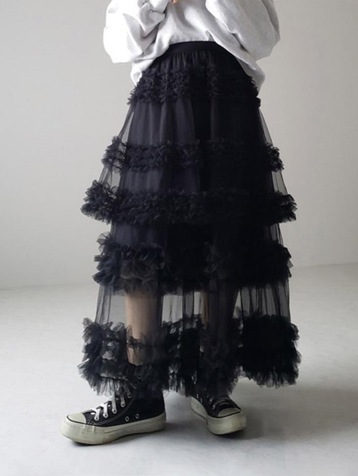 Skirts |  Womens Black Tulle Tiered Midi Skirt Clothing Skirts