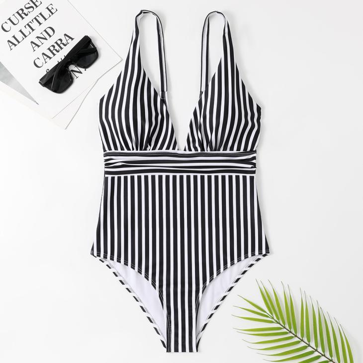 Swimwear & Beachwear |  Womens Black Striped Ribbed Belted Swimsuit Clothing Swimwear & Beachwear