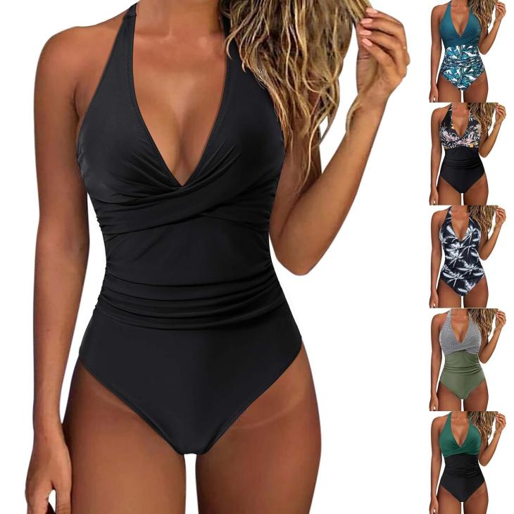 Swimwear & Beachwear |  Womens Black V-Neck Ruched Halter Neck Wrap Swimsuit Clothing Swimwear & Beachwear