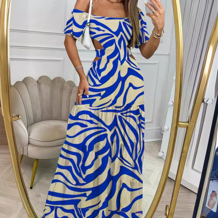 Swimwear & Beachwear |  Womens Blue Line Print Short Sleeve Maxi Beach Dress Clothing Swimwear & Beachwear