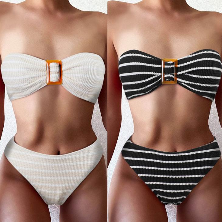 Swimwear & Beachwear |  Womens Blue Textured Striped Bikini Crop Top Clothing Swimwear & Beachwear